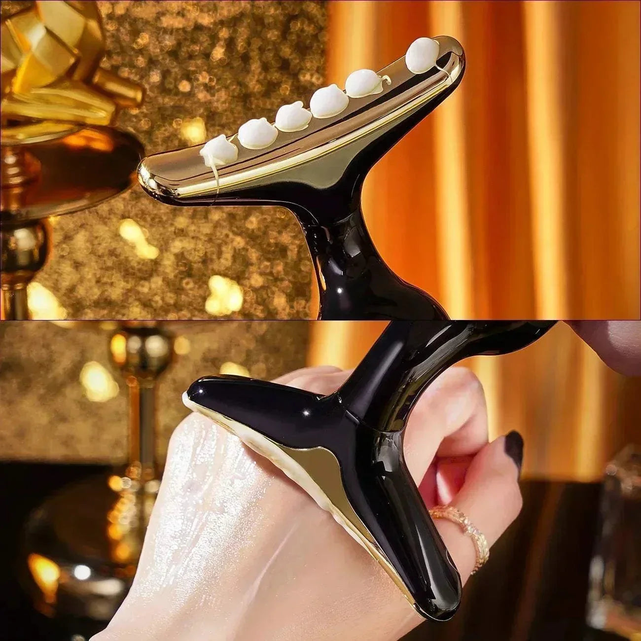 3-in-1 facial lifting device in black and gold for neck, face, and eye massage with smooth and textured massage heads.