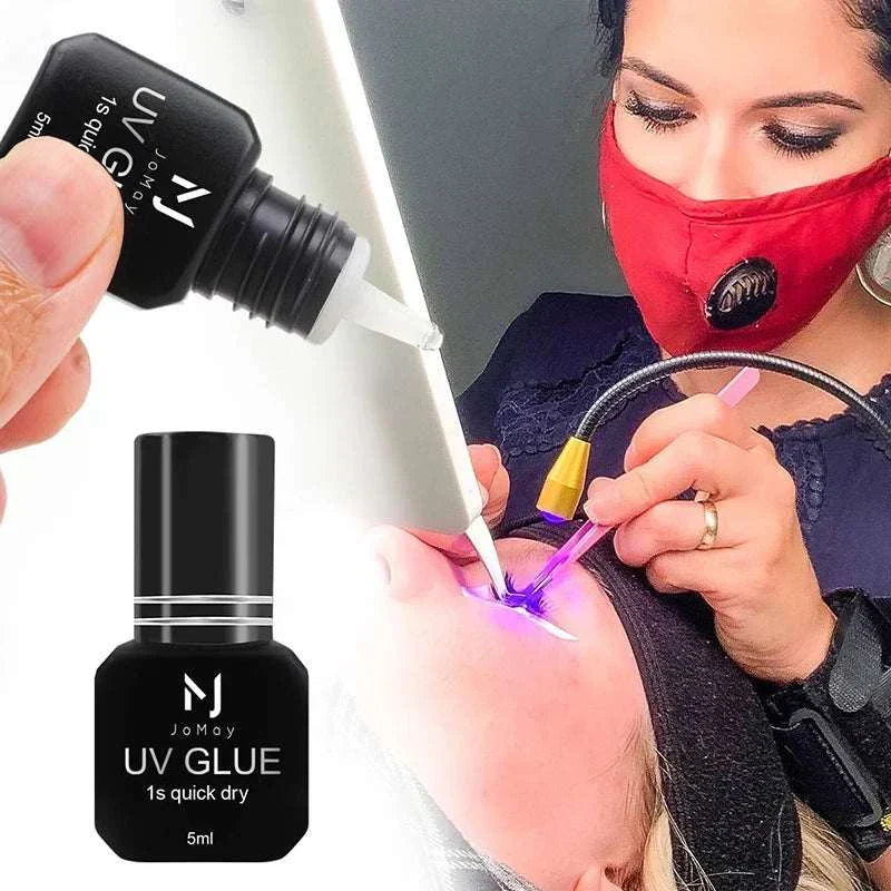 JOMAY UV Glue Adhesive bottle and technician applying UV-cured lash extension adhesive with precision light curing for fast drying and strong hold