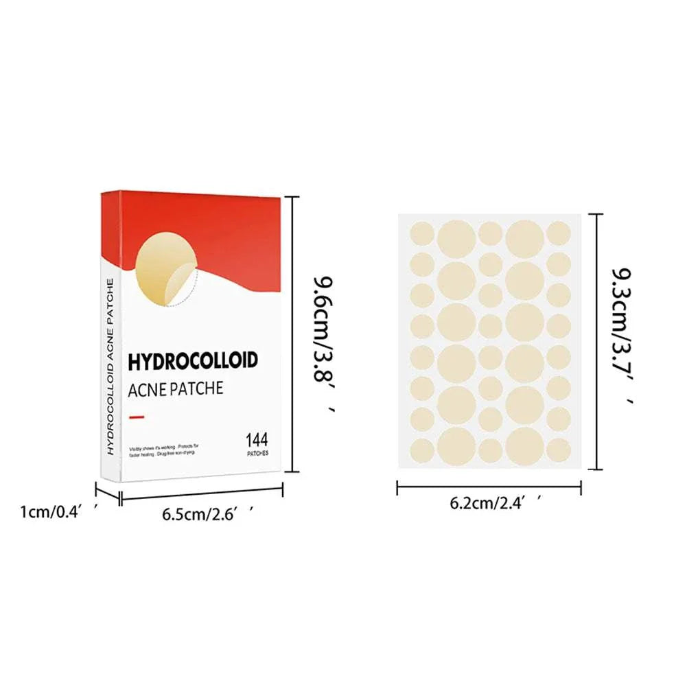 Box of 144 high-end hydrocolloid acne patches with assorted sizes, ultra-thin, invisible, and waterproof for professional-grade pimple protection and healing.
