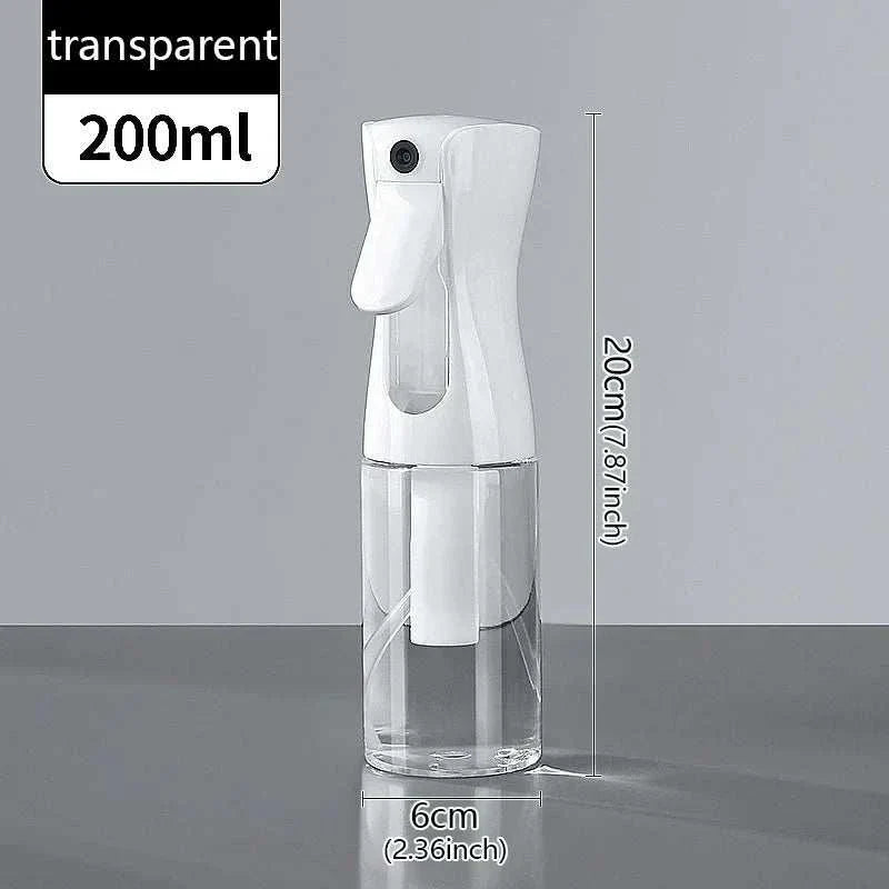 Transparent 200ml high pressure mist spray bottle with ergonomic white trigger and refillable design