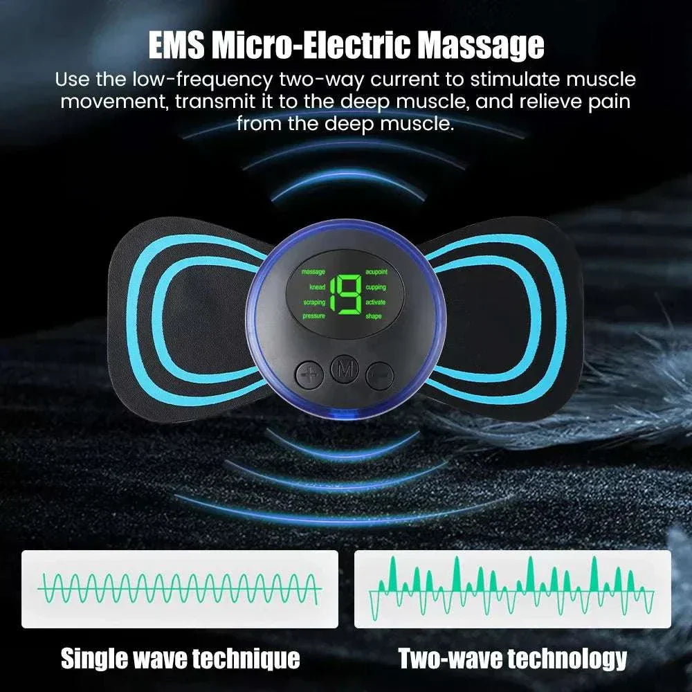 Mini Neck Massager with remote control featuring EMS micro-electric massage for soothing muscle relief and pain reduction.