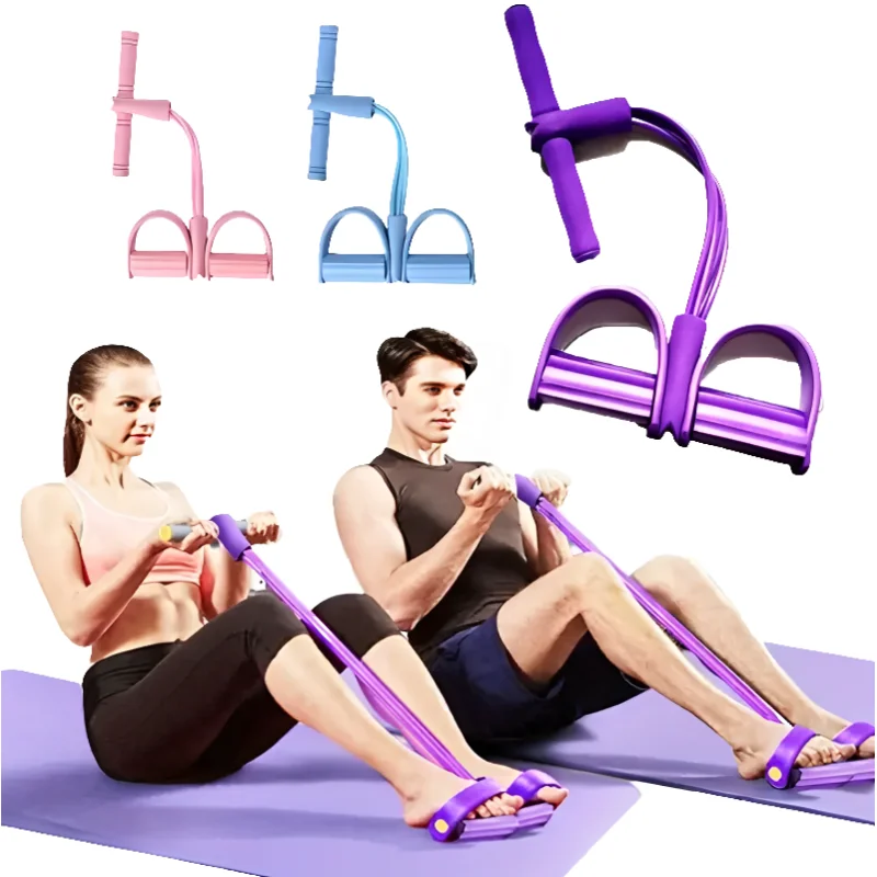 Four-Tube Pedal Tensioner multi-functional elastic fitness band with ergonomic pedals and anti-slip handles for home workouts