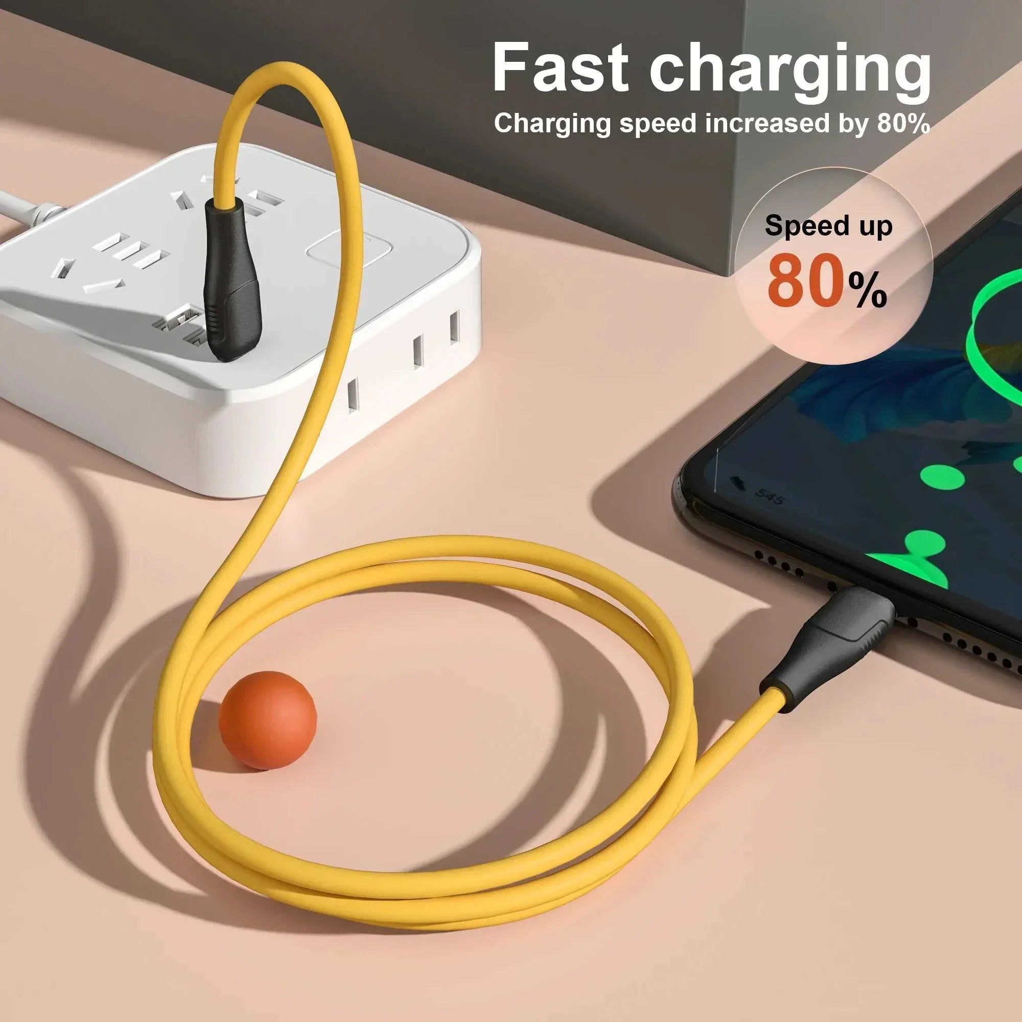Fast Charging PD USB Charger with yellow cable connected to smartphone and power strip, showing 80% faster charging speed.