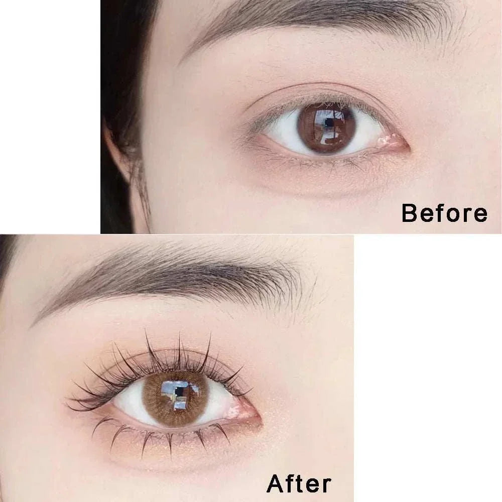 Before and after close-up of eye showing effect of J Curl V Shape under eyelash clusters for natural, lifted bottom lashes.