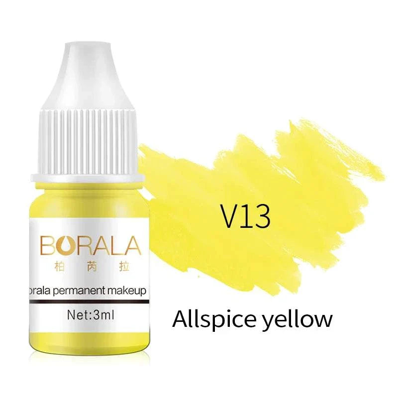 Borala 26 Colors 3ML Allspice Yellow permanent makeup tattoo pigment bottle with color swatch
