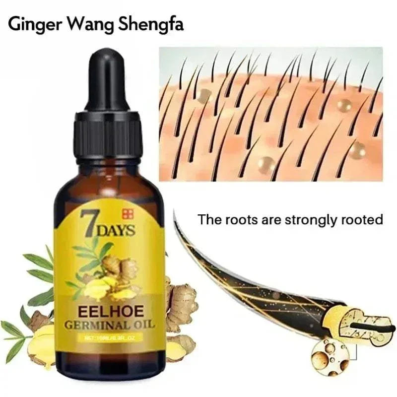7 Day Rapid Growth ginger-infused hair growth serum bottle with scalp roots illustration promoting stronger, thicker hair and anti-hair loss treatment
