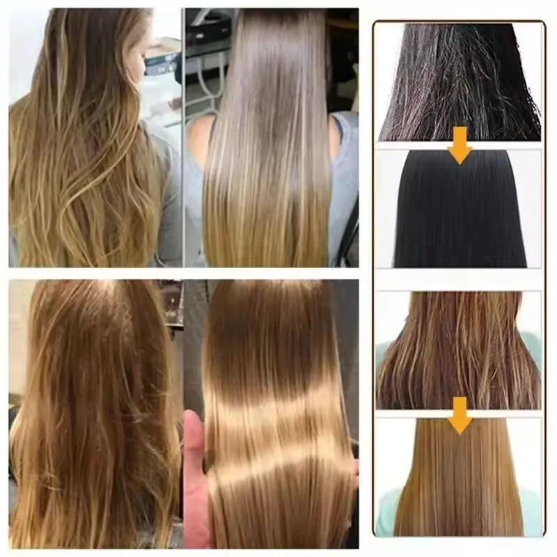 Before and after results of using Magical Keratin Hair Mask showing smooth, shiny, and frizz-free hair transformation
