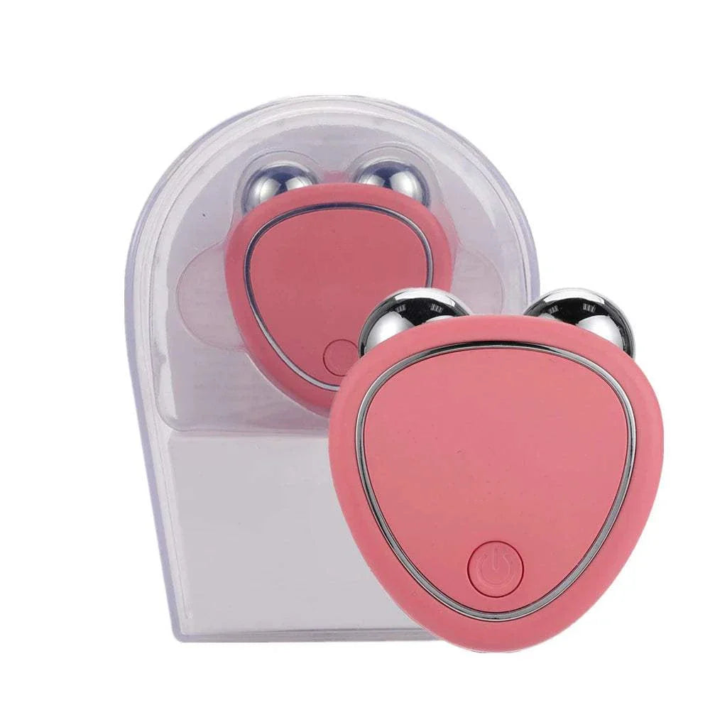 Pink EMS Face Lifting Machine with dual 360-degree microcurrent rollers for skin tightening and anti-wrinkle rejuvenation, rechargeable and travel-friendly facial massager
