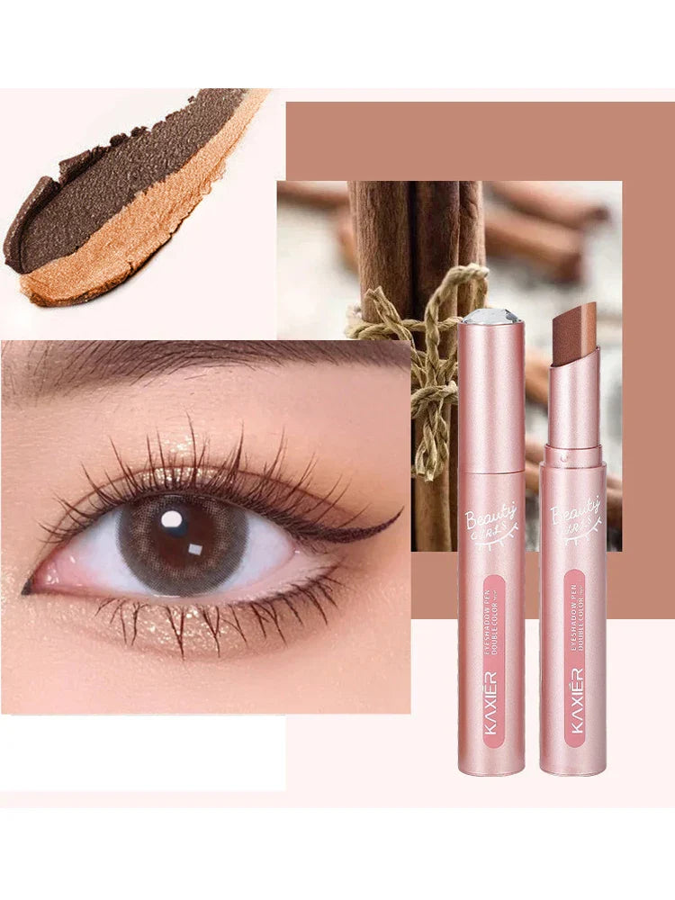 Gradient two-color eye shadow pen with pearlescent shimmer and easy blend dual-tone shades for radiant eyes