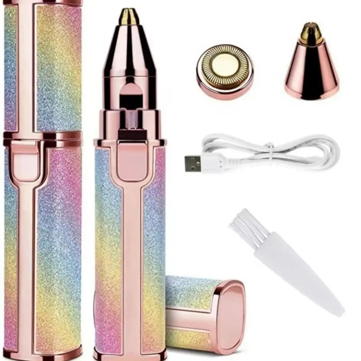 Portable electric facial hair remover for women with multiple detachable heads, USB charging cable, and cleaning brush in a glittery rainbow casing