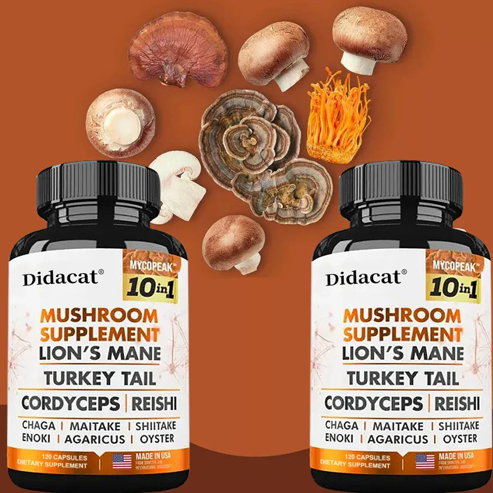Mushroom Supplement 10x Complex bottles with Lion’s Mane, Turkey Tail, Cordyceps, and Reishi mushrooms on an orange background