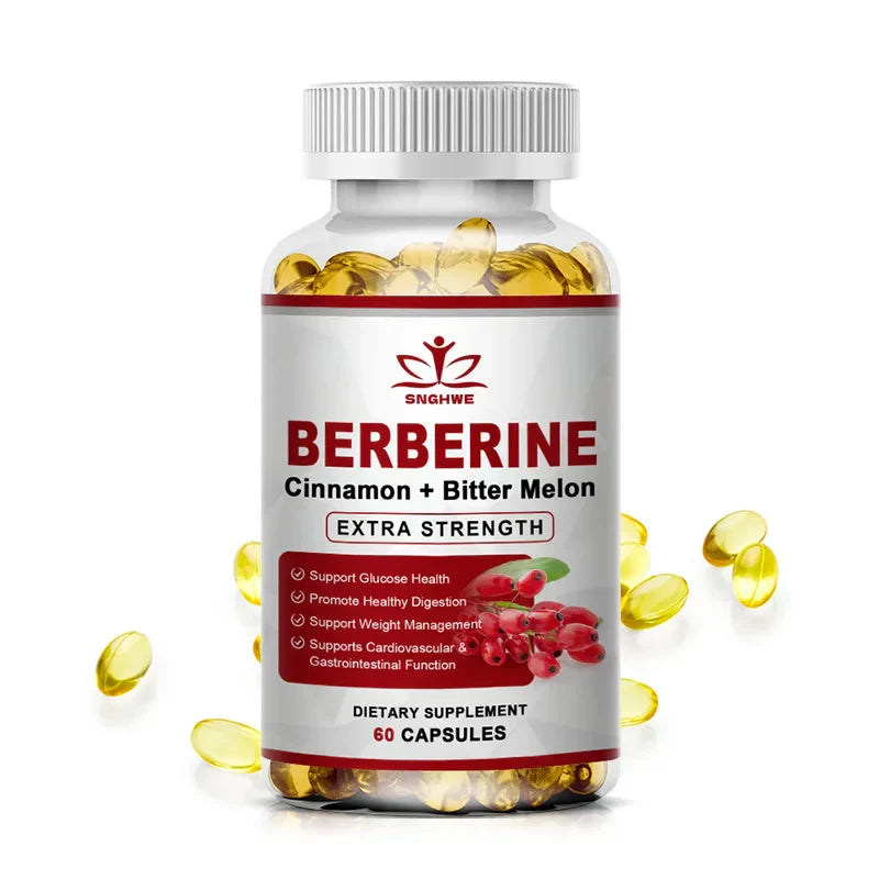 Berberine with Ceylon Cinnamon and Bitter Melon capsules for glucose health, digestion, weight management, and cardiovascular support.