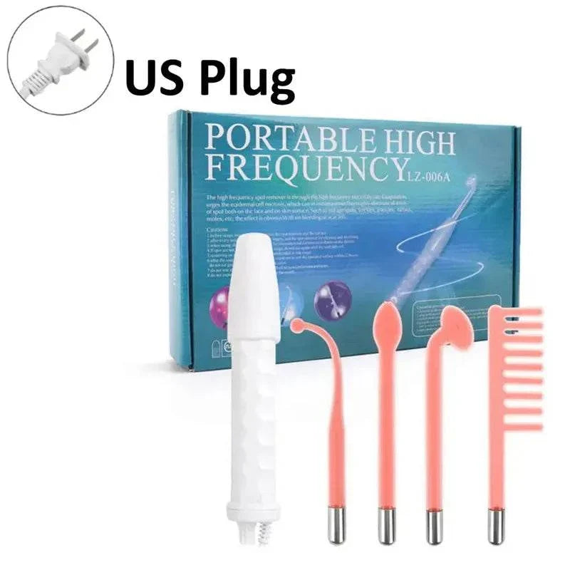 4-in-1 handheld electric facial therapy wand with four interchangeable electrodes and US plug for high frequency skin care and acne treatment