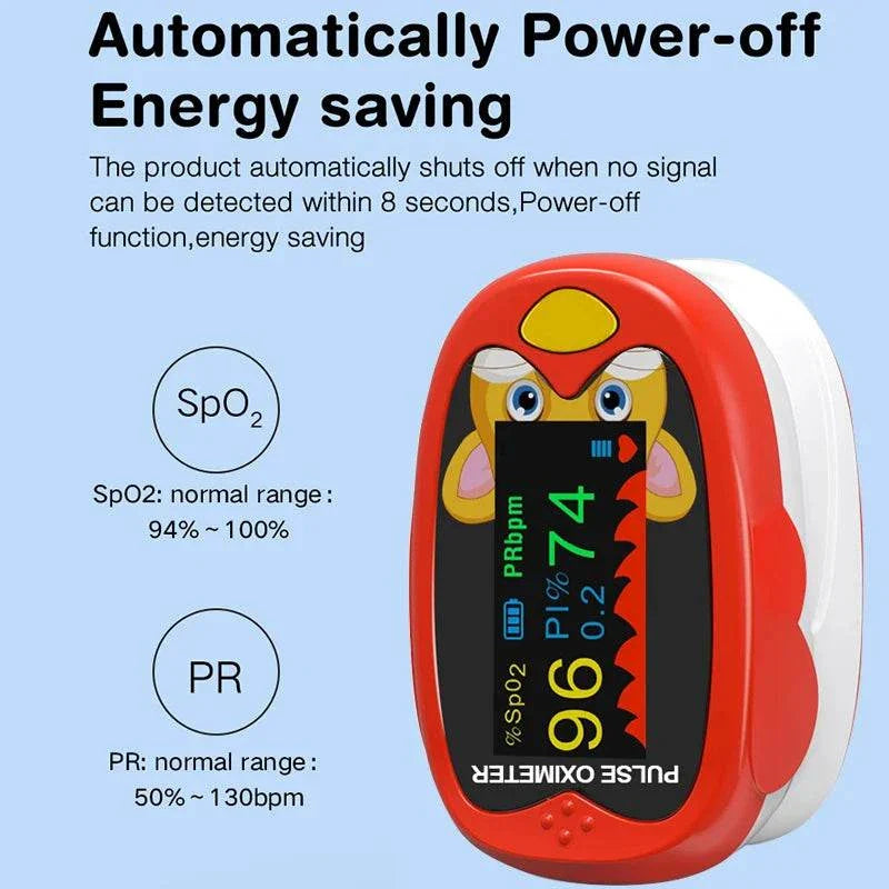 Pediatric pulse oximeter with bright LED screen, kid-friendly design, and automatic power-off for accurate baby oxygen monitoring.