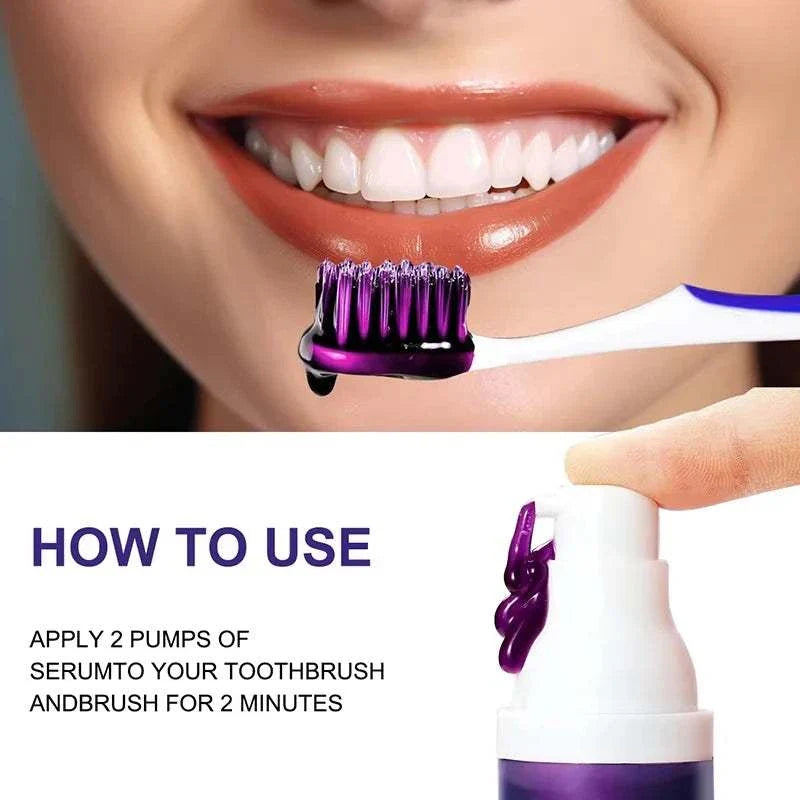 5D Teeth Whitening Stick with purple gel on toothbrush for bright white smile and easy application pump bottle