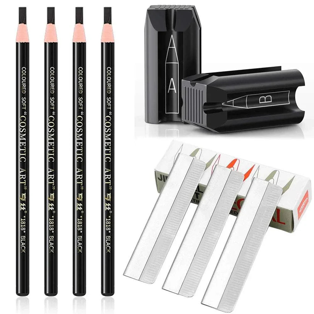 Eyebrow pencil and trimmer set with four black pencils, sharpener, and precision trimmer blades for grooming and shaping brows.