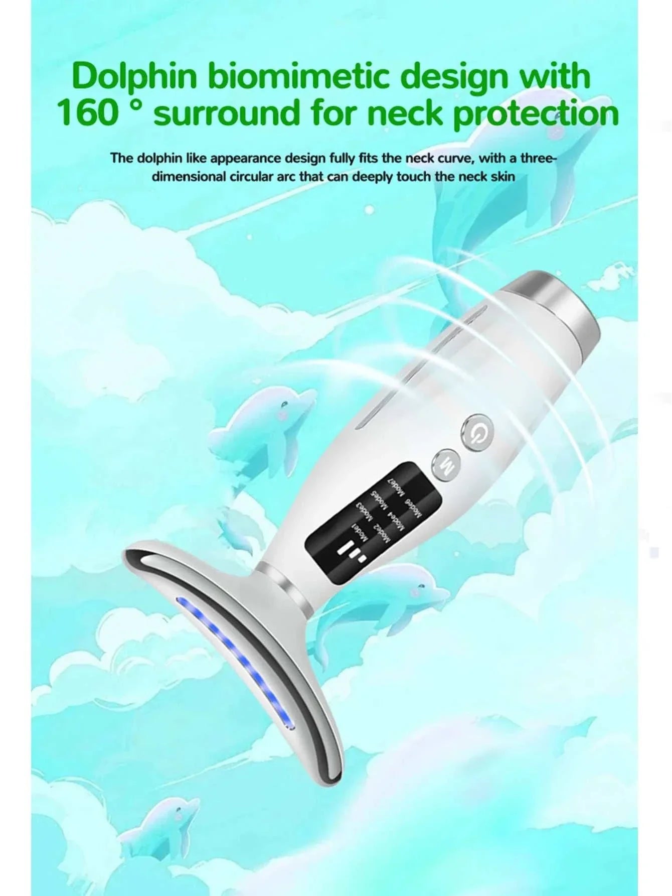 Colour Light Face & Neck Beauty Instrument with dolphin biomimetic design and 160° surround neck protection for LED light therapy.