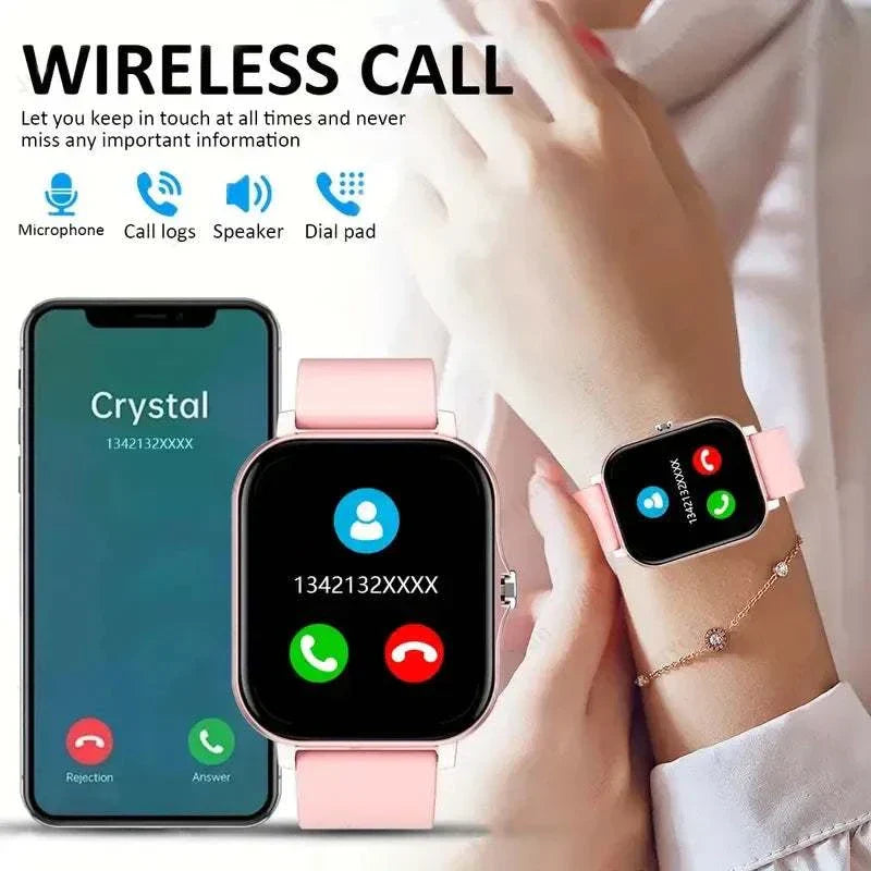 KESHUYOU 2025 Smart Watch in pink showing wireless call feature with call and reject buttons on screen, paired with smartphone displaying an incoming call.
