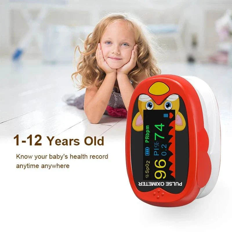 Pediatric pulse oximeter for kids aged 1-12 with bright LED screen and kid-friendly design