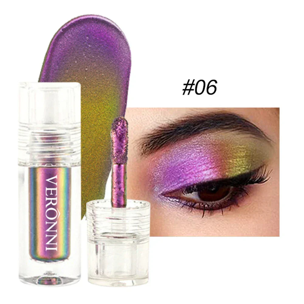 Chrome Shifting Chameleon Liquid Eyeshadow in #06 showing iridescent purple and green color shift with smooth, shiny application and bold eye makeup look
