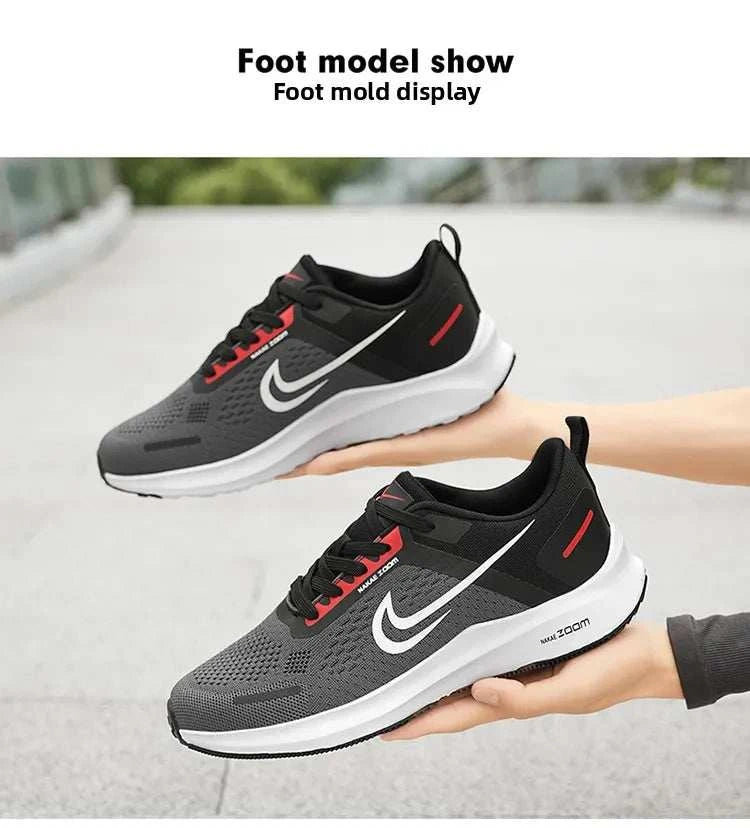 Men's lightweight running shoes with breathable mesh, cushioned sole, and non-slip rubber outsole in black and red design