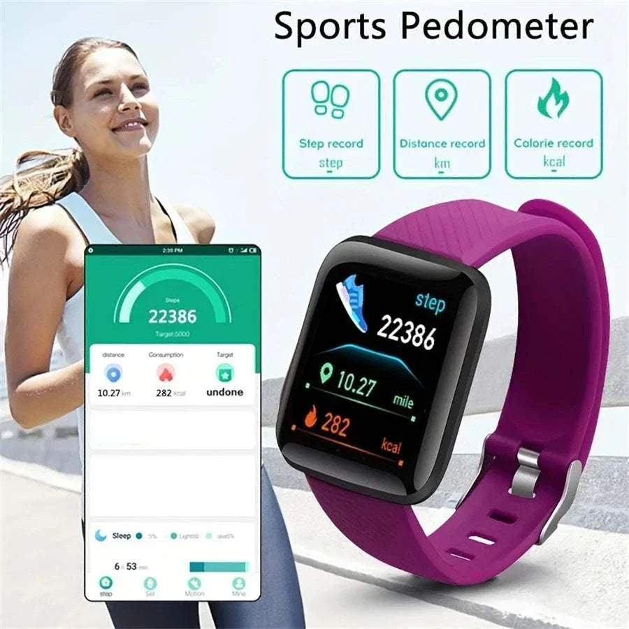 Multifunction Smart Watch with sports pedometer, step count, distance, and calorie tracking, featuring a purple band and fitness app display