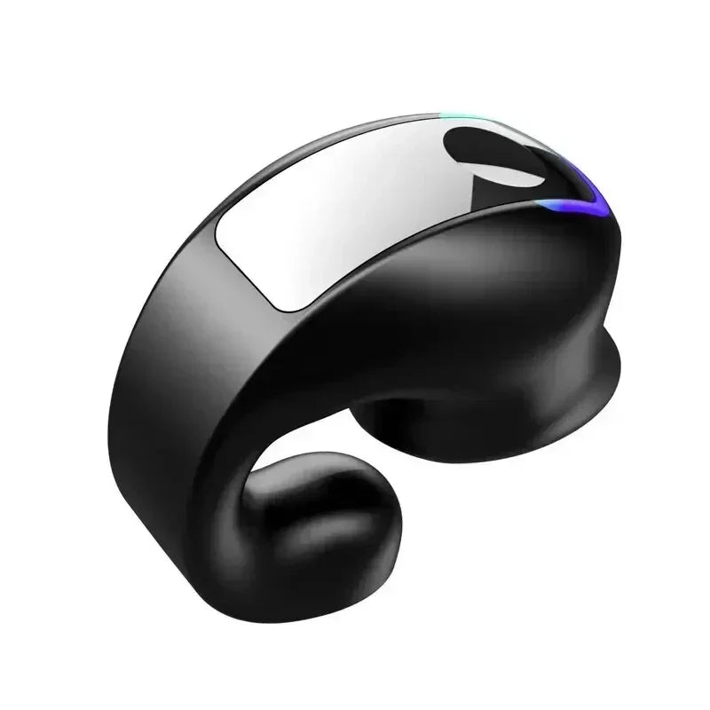 Bluetooth clip-on bone conduction earphone with sleek black design and Bluetooth 5.3 connectivity