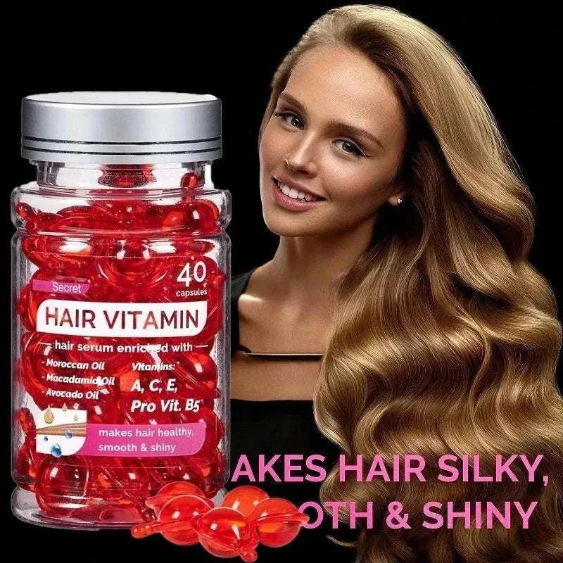 Moroccan Agam Vitamin Oil hair serum capsules for deep repair, shine, and smoothness with argan oil and vitamins, 40-count bottle.