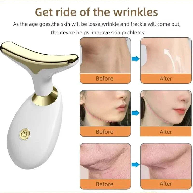 Neck Lifting Beauty Device shown with before and after results reducing wrinkles and firming skin on neck and face.