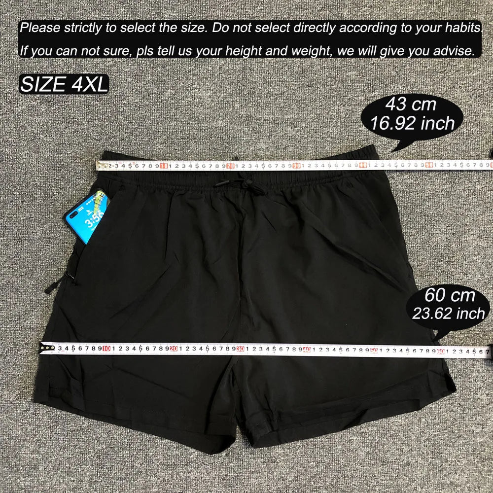 Black men's breathable and quick-drying performance shorts size 4XL with elastic waistband and deep side pockets.
