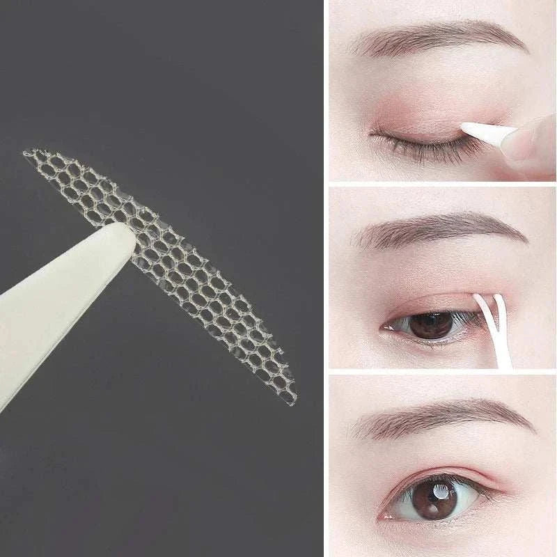 Transparent invisible eyelid lifting tape strip held by tweezers with step-by-step application on eyelid for natural double eyelid effect