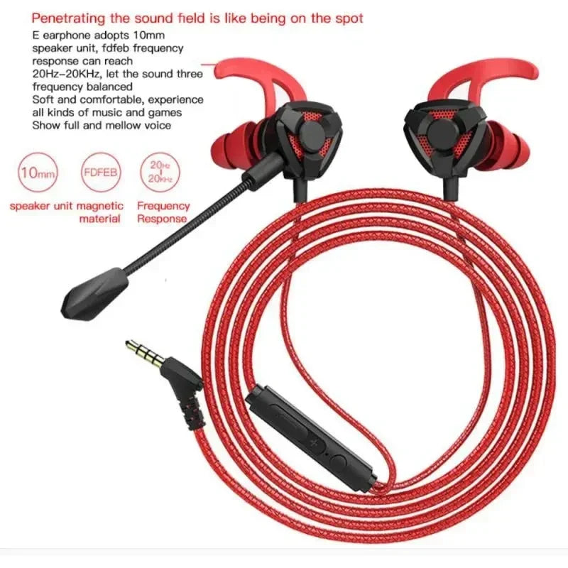 Red wired gaming earphones with built-in mic, ergonomic in-ear headset for immersive sound and multi-platform use