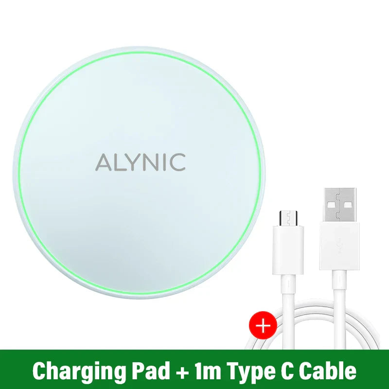 30W wireless charger charging pad with green LED ring and included 1m Type C cable for fast Qi-certified wireless charging