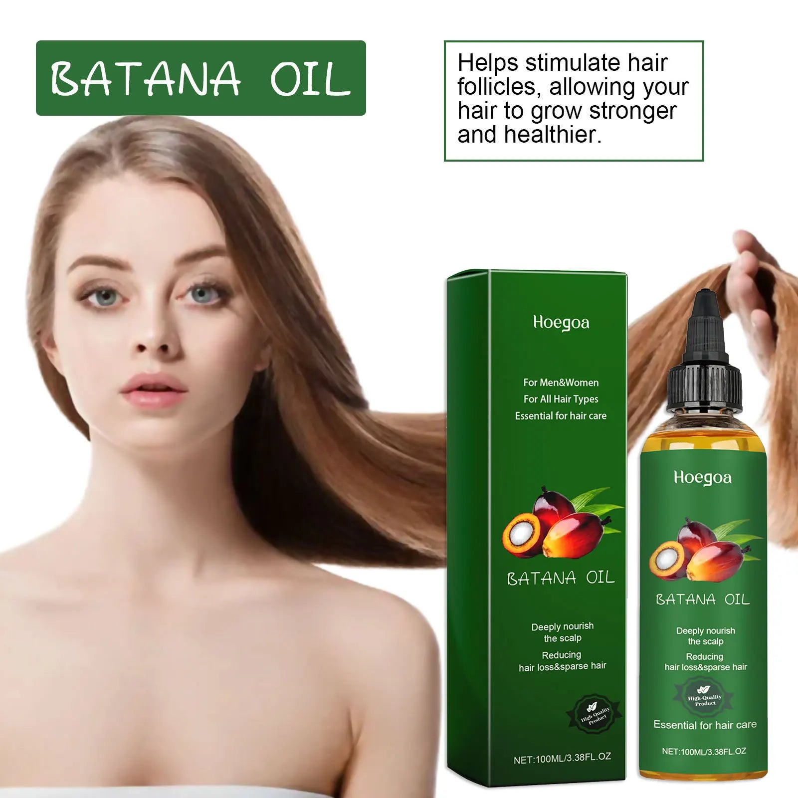 Batana Nourishing Hair Oil bottle and packaging with woman showing long healthy hair, promoting hair growth and repair