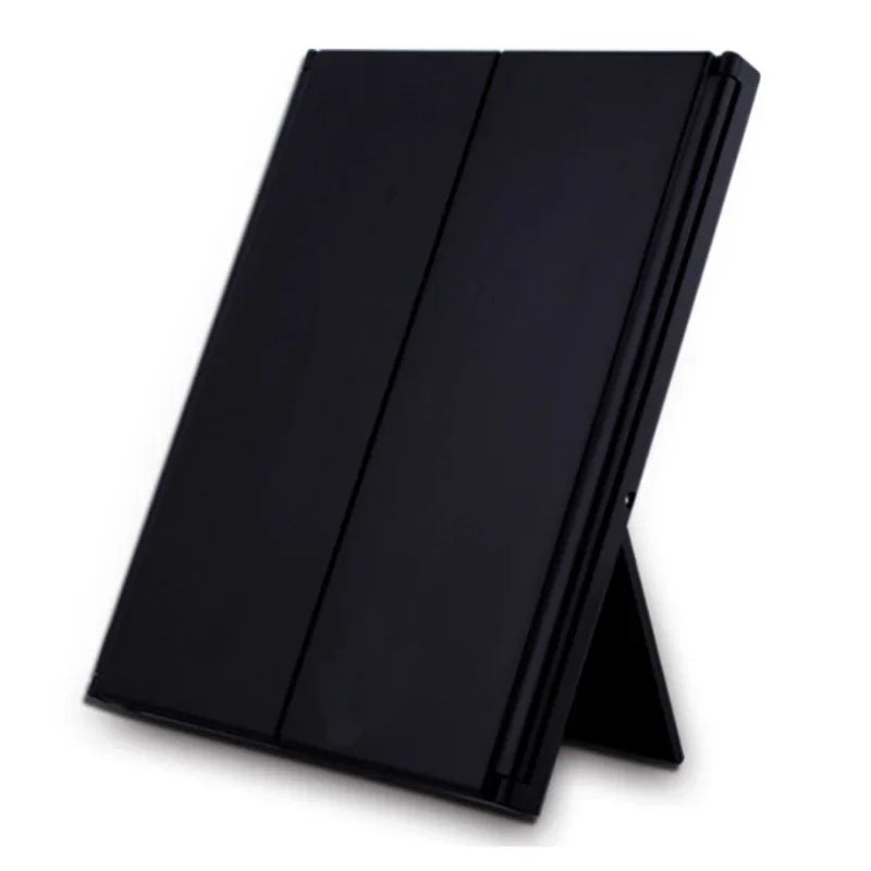 Portable black three-sided LED makeup mirror with foldable design and stand for travel use