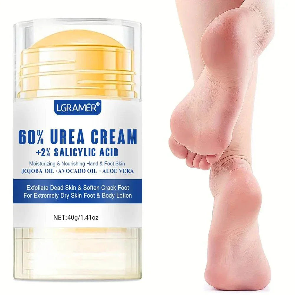 40g Urea Foot Cream stick with 60% urea and 2% salicylic acid for moisturizing, exfoliating, and repairing dry, cracked feet.