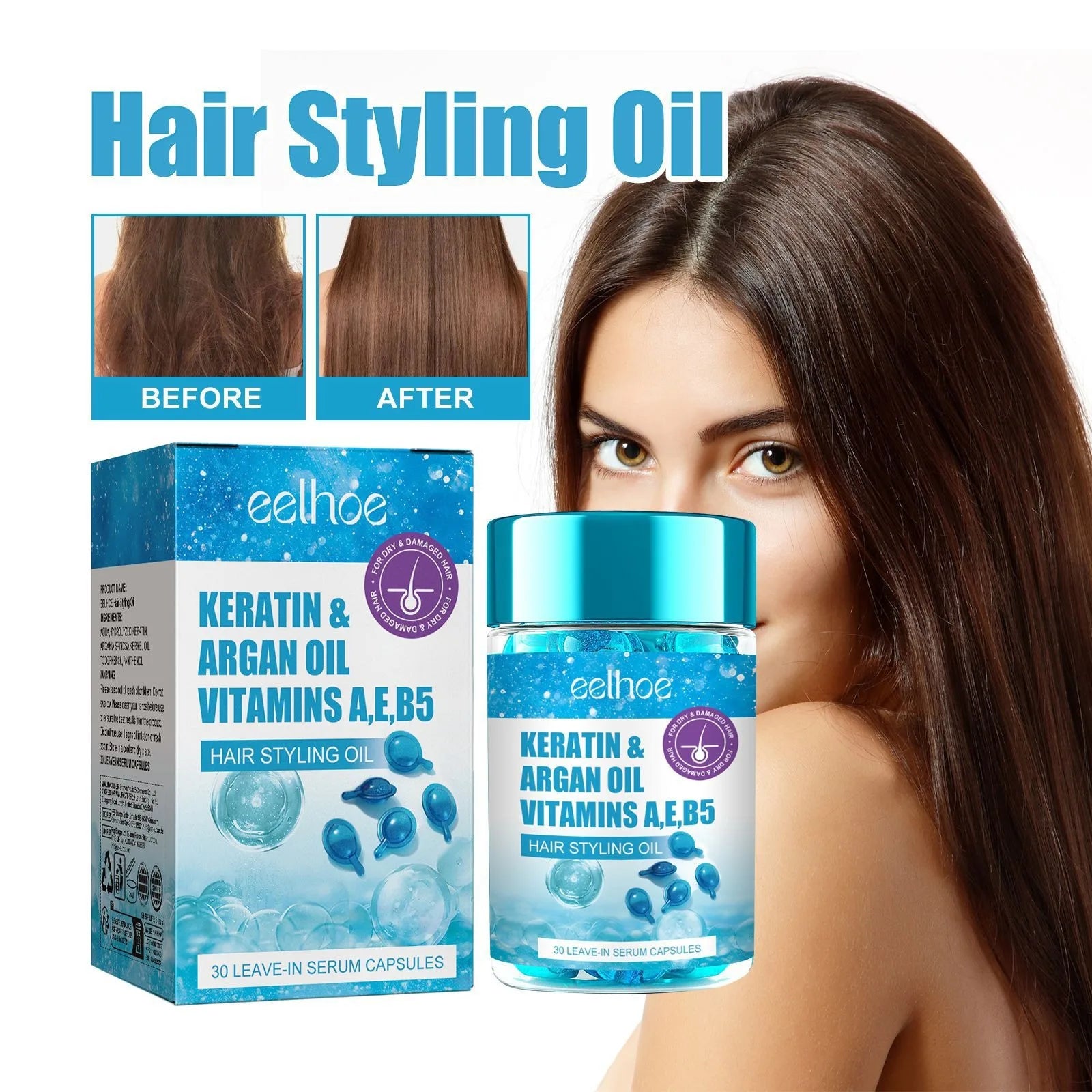 Magic Hair Vitamin Capsules with keratin oil for hair repair and shine, shown with before and after results, and packaging of keratin & argan oil vitamins hair styling oil capsules