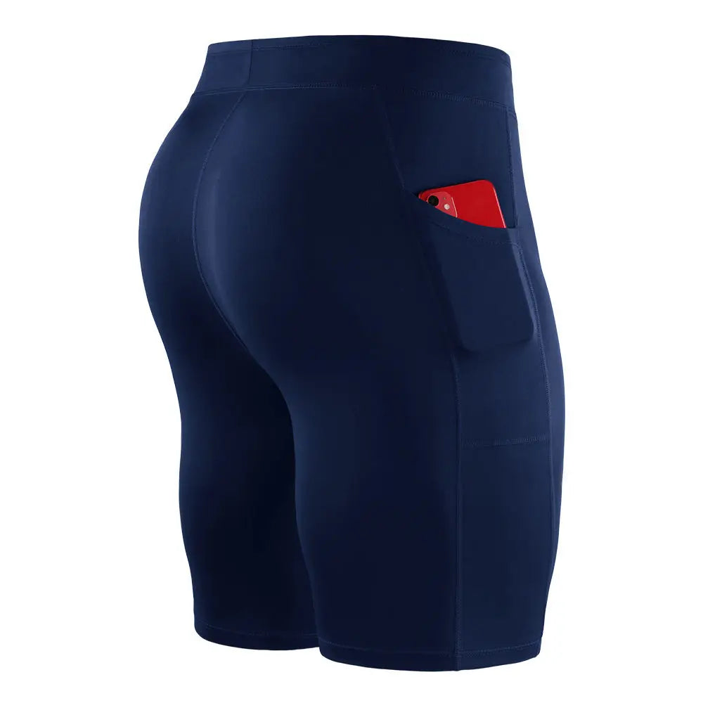 Men's outdoor running shorts with breathable fabric, 4-way stretch, secure fit, and side pocket holding a phone