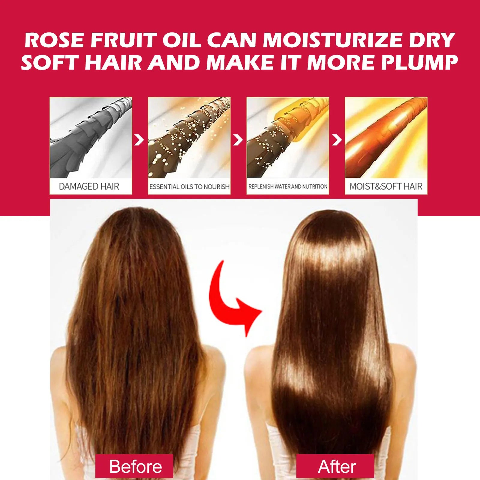 Before and after images showing dry, damaged hair transformed into smooth, moist, and plump hair using Rosehip Facial Essential Oil