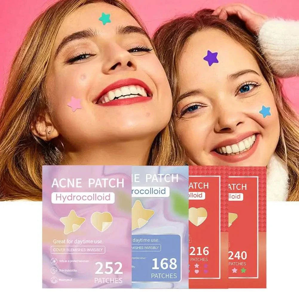 Smiling women with colorful star-shaped pimple patches on their faces and acne patch packages in front