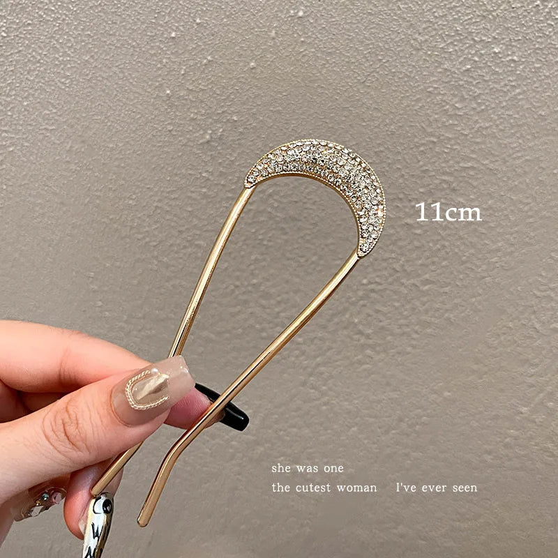 Pearl U-Shaped Hairpin with metallic shell and pearl accents, 11cm elegant Korean bun clip for women and girls