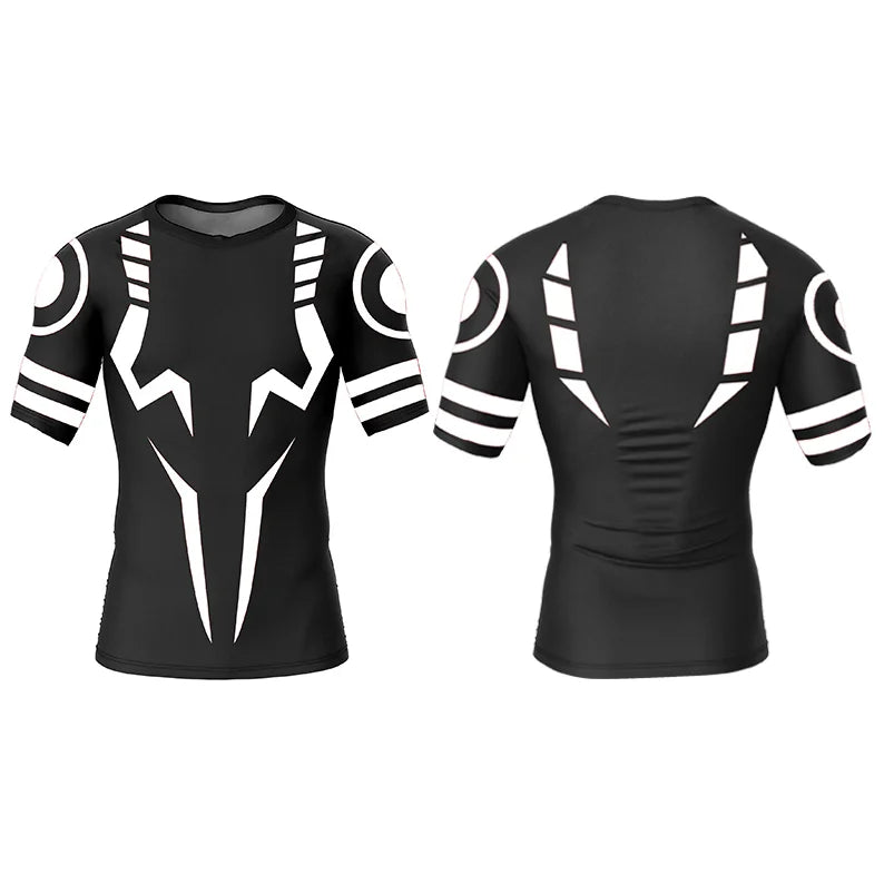 Anime Jujutsu Kaisen compression t-shirt with Sukuna 3D print, breathable quick-dry fabric, and tight athletic fit for sports and casual wear