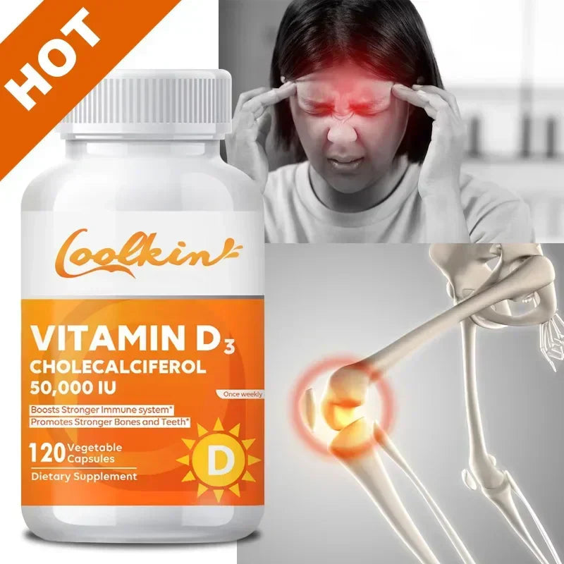 High Potency Vitamin D3 50,000 IU supplement bottle with immune and bone health support visual.
