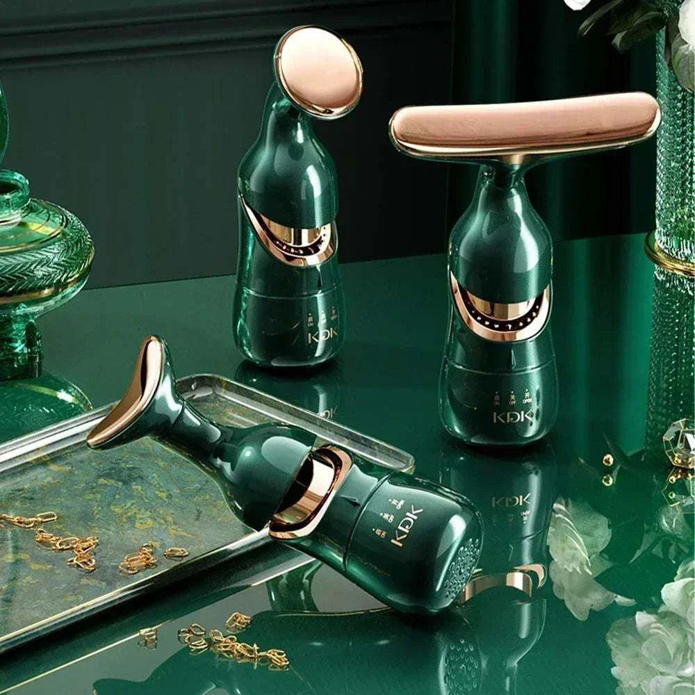 3-in-1 facial lifting device with green and gold design for neck, face, and eye massage with EMS microcurrent technology