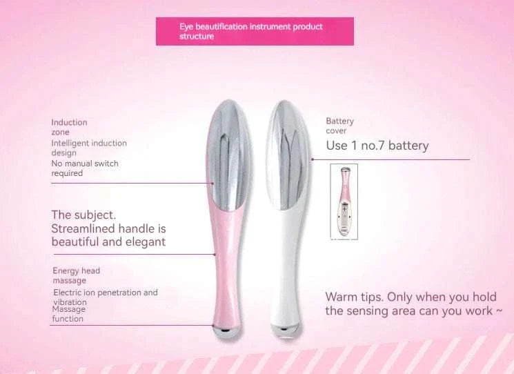Home electric eye massage beauty instrument with streamlined handle, electric ion vibration, and warm tips for reducing puffiness and fine lines.
