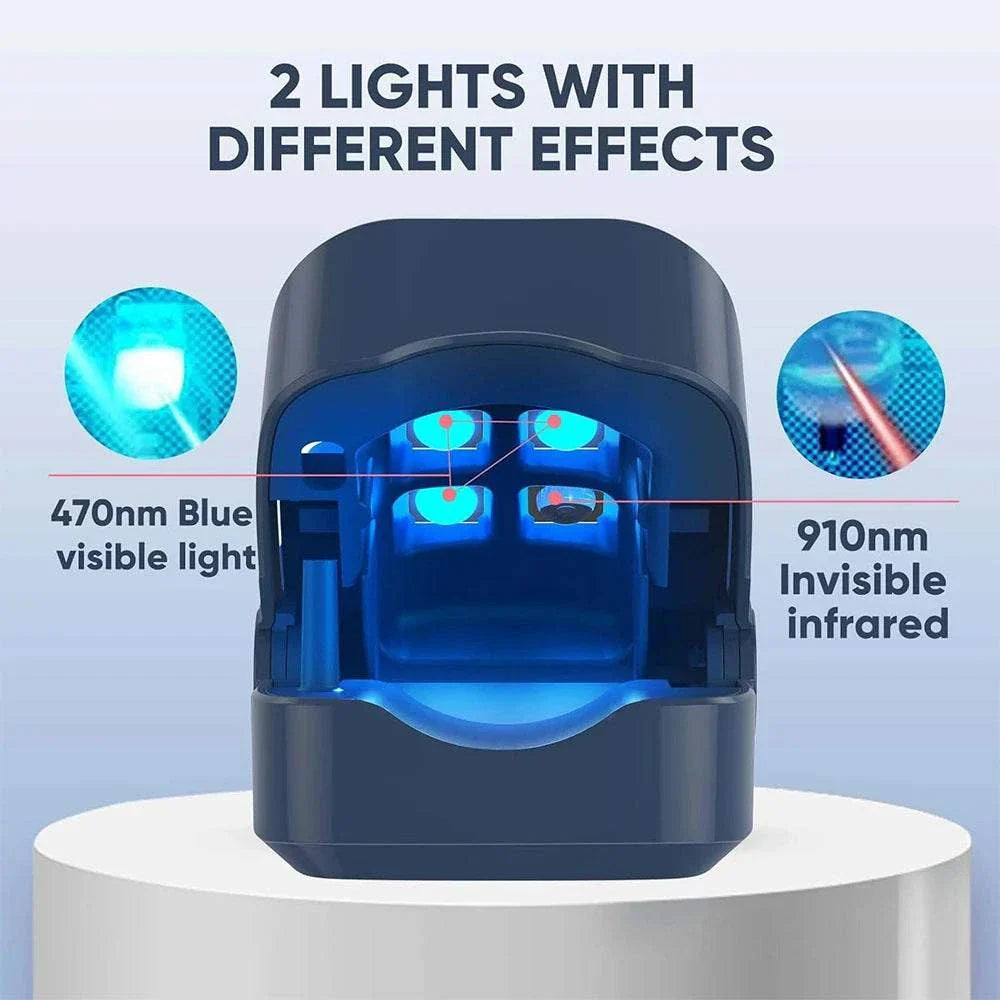 Nail care device with 470nm blue visible light and 910nm invisible infrared for fungal treatment and nail repair.
