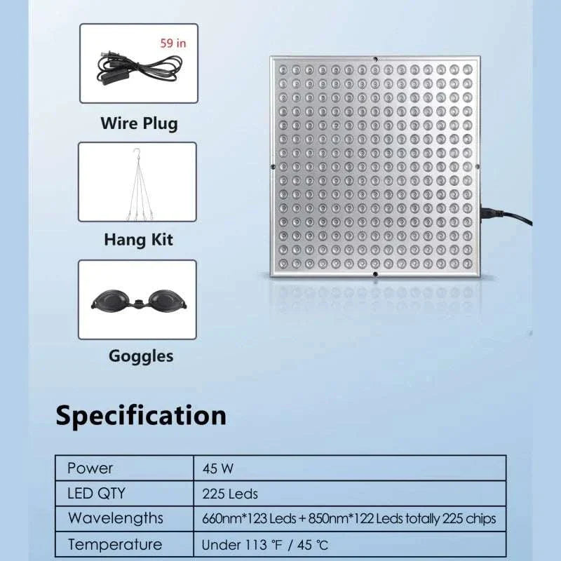 45W LED red light therapy panel with 225 LEDs, dual wavelength for skin care and pain relief, includes wire plug, hang kit, and goggles.