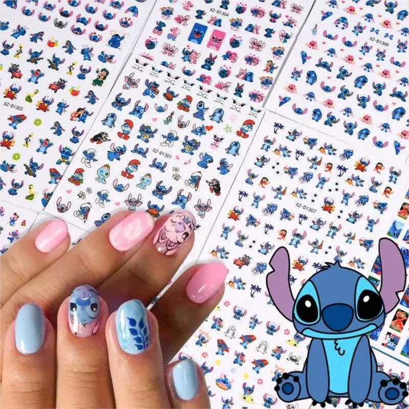 Cartoon Mini Stitch nail stickers on neatly manicured nails with colorful designs and multiple sticker sheets in the background