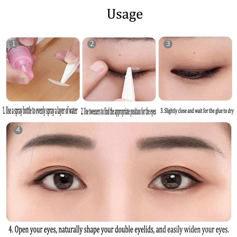 Step-by-step usage guide of invisible eyelid lifting tape showing application, drying, and double eyelid shaping for natural eye enhancement.