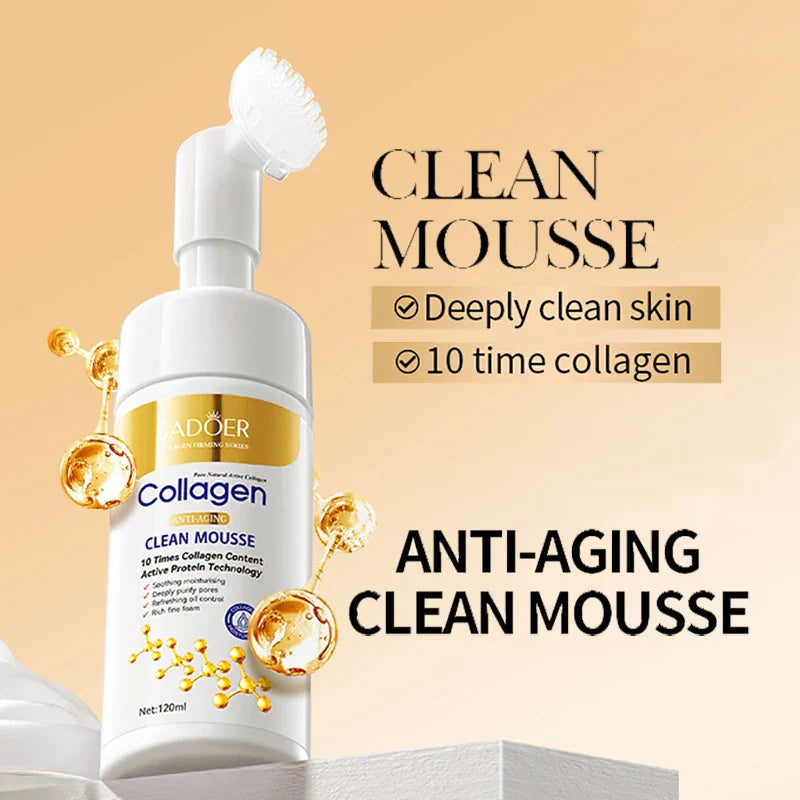 SADOER Collagen Facial Cleanser Mousse bottle with built-in brush, featuring anti-aging deep cleansing and collagen-rich formula on beige background